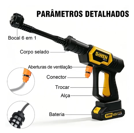 Lavadora de Alta Pressão Linha PREMIUM Sem Fio DW131 6 em 1 – 48V Profissional com 2 Baterias e Maleta | Exclusiva Revoria Shop