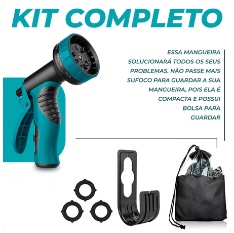 Mangueira Expansível 30m Revoria™ com Esguicho Ajustável + Suporte de parede e Bolsa Organizadora