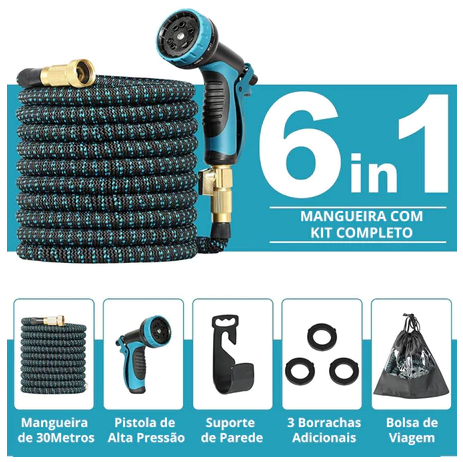 Mangueira Expansível 30m Revoria™ com Esguicho Ajustável + Suporte de parede e Bolsa Organizadora
