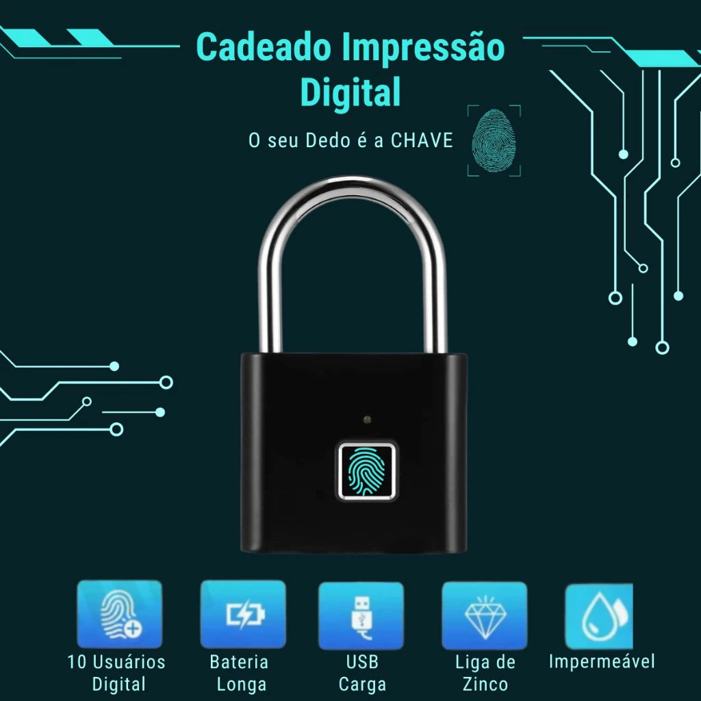 Cadeado Biométrico com Impressão Digital – Sem Chave, Recarregável e à Prova d’Água